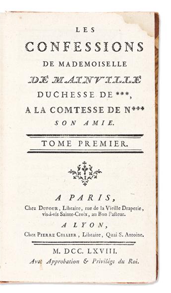 Palmer, Miss (fl. circa 1780) Histoire de Miss Beville; [Together with] Histoire dAmandé; [and] Les Confessiones de Mme de Mainville.